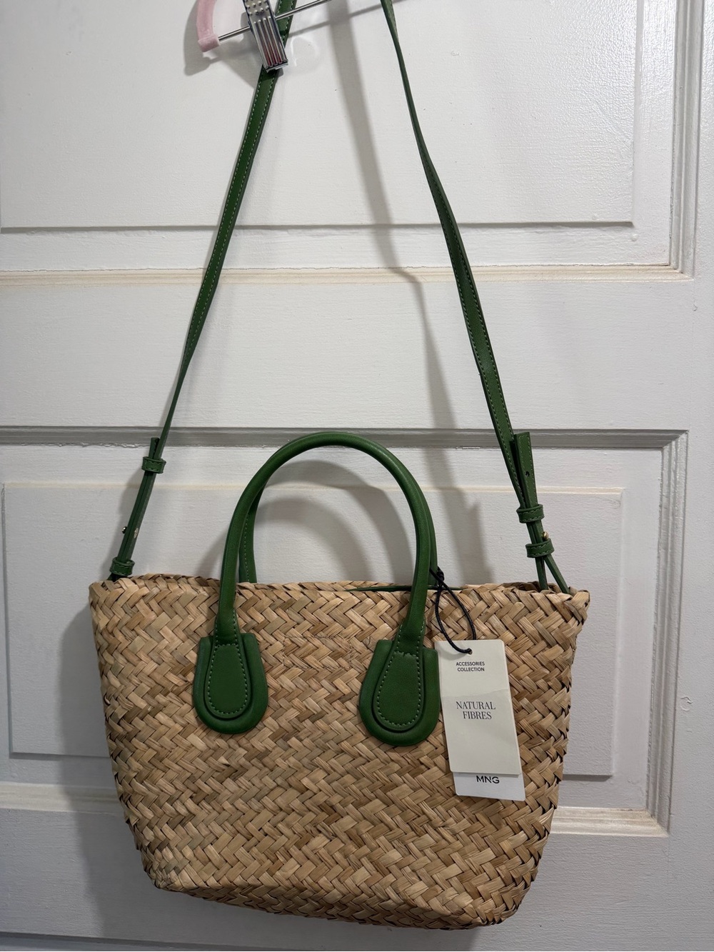 Mango Natural Straw Tote with Green Handles